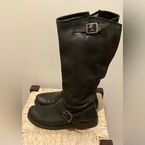 Frye Black Leather Tall Engineer Boots with Buckle Detail